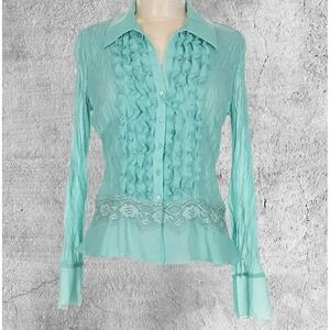 Y2K Ruffle Crinkle Chiffon Fairy‎ Blouse Top  Bell Sleeve Aqua Teal Size M